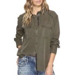 Free People Olive Green Tencel Utility Shirt Metallic Chain Trim Small